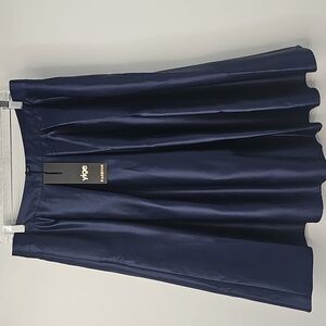 Yige Rich Blue Satiny‎ A-line Nipped Waist Flare Midi Skirt wPockets Coquette